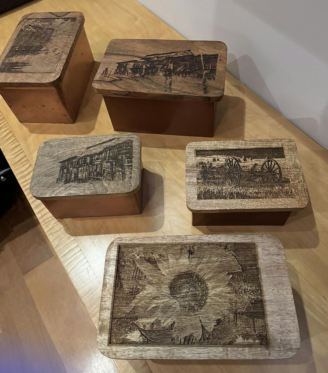 Photos lasered into wood boxes